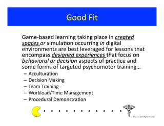 Good	
  Fit	
  
	
  Game-­‐based	
  learning	
  taking	
  place	
  in	
  created	
  
spaces	
  or	
  simula?on	
  occurring	
  in	
  digital	
  
environments	
  are	
  best	
  leveraged	
  for	
  lessons	
  that	
  
encompass	
  designed	
  experiences	
  that	
  focus	
  on	
  
behavioral	
  or	
  decision	
  aspects	
  of	
  prac?ce	
  and	
  
some	
  forms	
  of	
  targeted	
  psychomotor	
  training…	
  
–  Accultura?on	
  
–  Decision	
  Making	
  
–  Team	
  Training	
  	
  
–  Workload/Time	
  Management	
  
–  Procedural	
  Demonstra?on	
  
.	
  .	
  .	
  .	
  .	
  .	
  .	
  .	
  . 	
  . 	
  .	
  	
  	
  	
  	
  	
  	
  ©Bauman	
  2014	
  Rights	
  Reserved	
  
 