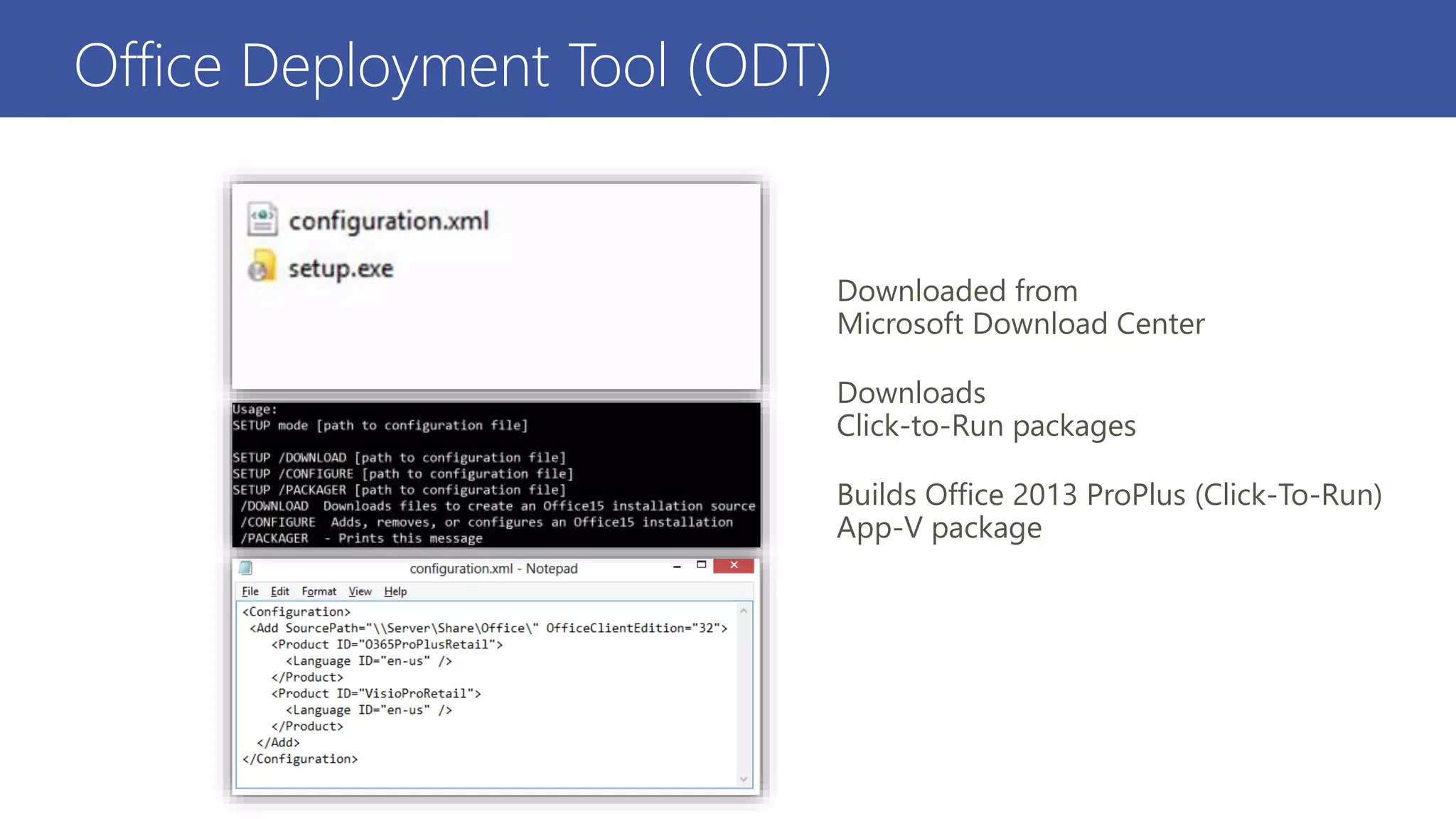 Office Deployment Tool (ODT)
Downloaded from
Microsoft Download Center
Downloads
Click-to-Run packages
Builds Office 2013 ProPlus (Click-To-Run)
App-V package
 