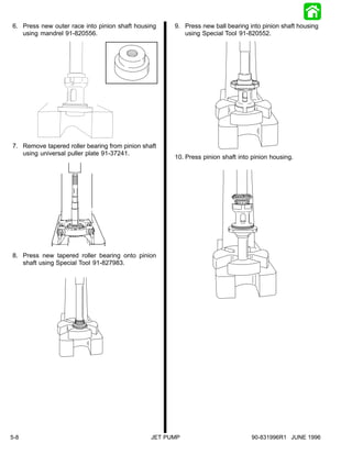 6. Press new outer race into pinion shaft housing     9. Press new ball bearing into pinion shaft housing
   using mandrel 91-820556.                              using Special Tool 91-820552.




7. Remove tapered roller bearing from pinion shaft
   using universal puller plate 91-37241.
                                                      10. Press pinion shaft into pinion housing.




8. Press new tapered roller bearing onto pinion
   shaft using Special Tool 91-827983.




5-8                                             JET PUMP                         90-831996R1 JUNE 1996
 