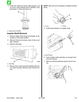 11. Press new seals into pinion shaft housing, one        NOTE: Take care not to damage or misplace colored
    at a time, using Special Tool 91-820552. Inner        shims.
    seal faces in, outer seal faces out.
                    a

                                                                                                   a

                                                                                                       b



                                                          a - O-ring                  b - Shims

                                                          5. Install seal protector on impeller shaft.
a - Special Tool 91-820552

Impeller Shaft Removal
1. Remove Stator, Wear Ring and Impeller as de-
   scribed in “Servicing Impeller”.
2. Remove fill and vent screws, drain oil into a suit-
   able container.
3. Remove ride plate.




                                                          a - Seal Protector

                                                          6. Push impeller shaft assembly out through front
                                                             off drive housing.
             a                                   53804    7. Remove bearing retaining ring from drive hous-
                                                             ing.
a - Ride Plate

4. Remove four screws securing impeller shaft cov-
   er to drive housing. Remove cover. Remove O-
   ring




90-831996R1 JUNE 1996                               JET PUMP                                               5-9
 