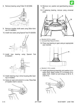 8. Remove bearing using Puller 91-83165M.                  14. Remove nut, washer and gear/bearing assem-
                                                               bly.
                                                           15. If replacing bearing, remove using universal
                                                               plate.

                                                                                                   a

                                                                                                              b




9. Remove impeller shaft seals using Slide Ham-
   mer 91-34569A1.
10. Install new seals using Special Tool 91-820559.



                                                           a - Mandrel (15/16 in. socket)
                                                           b - Universal Puller Plate (91-37241)
                                                           16. Press new bearing on gear using an appropriate
                                                               size mandrel.



                                                                                                          a
11. Install new     bearing    using   Special    Tool
    91-820557.




                                                           a - Mandrel (1-1/8 in. socket)

                                                           17. Install gear/bearing assembly and washer on im-
                                                               peller shaft. Apply Loctite 271 to threads of im-
                                                               peller shaft. Install nut and torque to 90 lb. ft.
12. Install retaining ring in drive housing after bear-        (122 N·m).
    ing is installed.
13. Clamp an open end wrench in a vise. Place flats
    of impeller shaft in wrench.




5-10                                                 JET PUMP                                90-831996R1 JUNE 1996
 