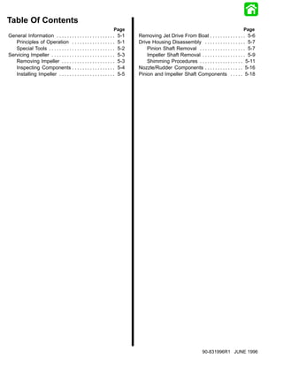 Table Of Contents
                                                                   Page                                                               Page
General Information . . . . . . . . . . . . . . . . . . . . . . .      5-1   Removing Jet Drive From Boat . . . . . . . . . . . . . . 5-6
   Principles of Operation . . . . . . . . . . . . . . . . .           5-1   Drive Housing Disassembly . . . . . . . . . . . . . . . . 5-7
   Special Tools . . . . . . . . . . . . . . . . . . . . . . . . . .   5-2       Pinion Shaft Removal . . . . . . . . . . . . . . . . . . 5-7
Servicing Impeller . . . . . . . . . . . . . . . . . . . . . . . . .   5-3       Impeller Shaft Removal . . . . . . . . . . . . . . . . . 5-9
   Removing Impeller . . . . . . . . . . . . . . . . . . . . .         5-3       Shimming Procedures . . . . . . . . . . . . . . . . . 5-11
   Inspecting Components . . . . . . . . . . . . . . . . .             5-4   Nozzle/Rudder Components . . . . . . . . . . . . . . . 5-16
   Installing Impeller . . . . . . . . . . . . . . . . . . . . . .     5-5   Pinion and Impeller Shaft Components . . . . . 5-18




5-0                                                                     JET PUMP                               90-831996R1 JUNE 1996
 