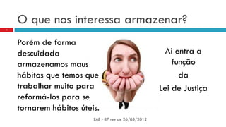 O que nos interessa armazenar?
Porém de forma
descuidada
armazenamos maus
hábitos que temos que
trabalhar muito para
reformá-los para se
tornarem hábitos úteis.
EAE - 87 rev de 26/05/2012
11
Ai entra a
função
da
Lei de Justiça
 
