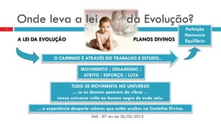 PLANOS DIVINOS
Onde leva a lei da Evolução?
EAE - 87 rev de 26/05/2012
5
A LEI DA EVOLUÇÃO
Perfeição
Harmonia
Equilibrio
O CAMINHO É ATRAVÉS DO TRABALHO E ESTUDO...
MOVIMENTO / DINAMISMO /
ATRITO / ESFORÇO / LUTA
TUDO SE MOVIMENTA NO UNIVERSO
... se os átomos pararem de vibrar ...
nosso universo volta ao buraco negro de onde saiu.
... a experiência desperta valores que estão ocultos na Centelha Divina.
 