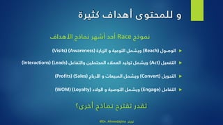 ‫ى‬‫للمحتو‬ ‫و‬‫كثيرة‬ ‫أهداف‬
‫نموذج‬Race‫األهداف‬ ‫نماذج‬ ‫أشهر‬ ‫أحد‬
‫الوصول‬(Reach)‫الزيارة‬ ‫و‬ ‫التوعية‬ ‫ويشمل‬((Visits) (Awareness
‫التفعيل‬(Act)‫والتفاعل‬ ‫المحتملين‬ ‫العمالء‬ ‫توليد‬ ‫ويشمل‬((Interactions) (Leads
‫التحويل‬(Convert)‫األرباح‬ ‫و‬ ‫المبيعات‬ ‫ويشمل‬(Sales( )Profits)
‫التفاعل‬(Engage)‫الوالء‬ ‫و‬ ‫التوصية‬ ‫ويشمل‬(Loyalty( )WOM)
‫ى؟‬‫أخر‬ ‫اذج‬‫نم‬ ‫تقترح‬ ‫تقدر‬
@Dr_Ahmedajina ‫تويتر‬
 