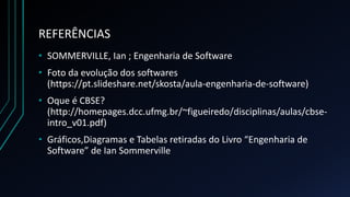 REFERÊNCIAS
• SOMMERVILLE, Ian ; Engenharia de Software
• Foto da evolução dos softwares
(https://pt.slideshare.net/skosta/aula-engenharia-de-software)
• Oque é CBSE?
(http://homepages.dcc.ufmg.br/~figueiredo/disciplinas/aulas/cbse-
intro_v01.pdf)
• Gráficos,Diagramas e Tabelas retiradas do Livro “Engenharia de
Software” de Ian Sommerville
 