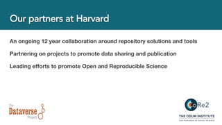 An ongoing 12 year collaboration around repository solutions and tools
Partnering on projects to promote data sharing and publication
Leading efforts to promote Open and Reproducible Science
 