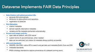 ๏ Data Citation with global persistent IDs:
๏ generate DOI automatically
attribution to data authors and repository
registration to DataCite
๏
๏
๏ Rich Metadata:
๏ citation metadata
domain-specific descriptive metadata
variable and file metadata (extracted automatically)
๏
๏
๏ Access and usage controls:
๏ open data as default, with CC0 waiver
custom terms of use and licenses, when needed
data can be restricted, but citation & metadata always publicly accessible
๏
๏
๏ APIs and standards:
๏ SWORD, OAI-PMH, native API to search and get data and metadata Dublin Core and DDI
metadata standards
PROV ontology standard to capture provenance of a dataset (coming soon)
๏
๏
 
