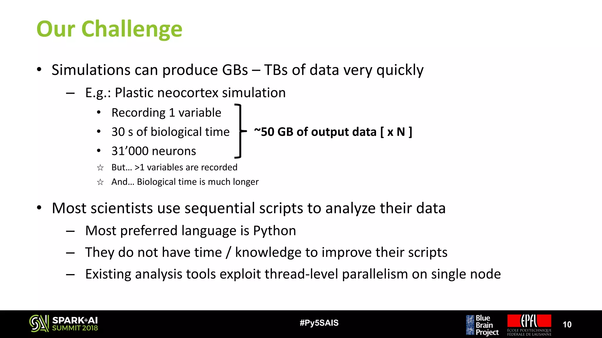 Our	Challenge
• Simulations	can	produce	GBs	– TBs	of	data	very	quickly
– E.g.:	Plastic	neocortex	simulation
• Recording	1	variable
• 30	s	of	biological	time								~50	GB	of	output	data	[	x	N	]
• 31’000 neurons
⭐ But…	>1 variables	are	recorded
⭐ And…	Biological	time	is	much	longer
• Most	scientists	use	sequential	scripts	to	analyze	their	data
– Most	preferred	language	is	Python
– They	do	not	have	time	/	knowledge	to	improve	their	scripts
– Existing	analysis	tools	exploit	thread-level	parallelism	on	single	node
10#Py5SAIS
 