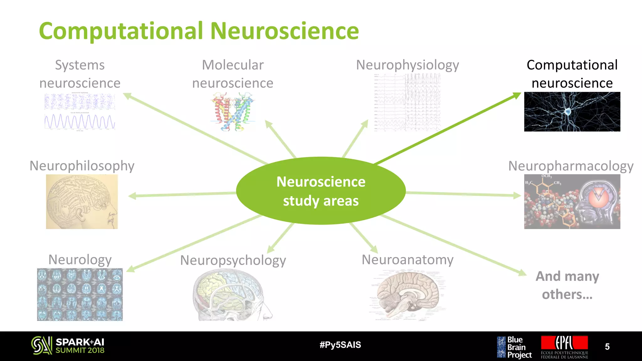 Computational	Neuroscience
5#Py5SAIS
And	many	
others…
Neuropharmacology
Neurophysiology
NeuroanatomyNeuropsychologyNeurology
Neurophilosophy
Molecular	
neuroscience
Systems	
neuroscience
Computational	
neuroscience
Neuroscience	
study	areas
 
