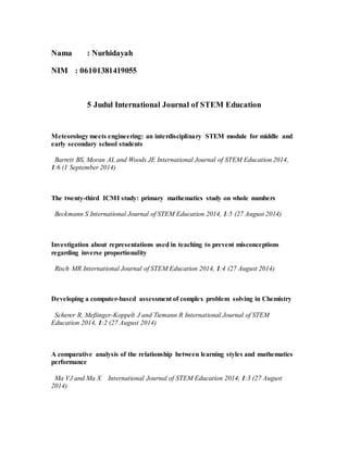 Nama : Nurhidayah 
NIM : 06101381419055 
5 Judul International Journal of STEM Education 
Meteorology meets engineering: an interdisciplinary STEM module for middle and 
early secondary school students 
Barrett BS, Moran AL and Woods JE International Journal of STEM Education 2014, 
1:6 (1 September 2014) 
The twenty-third ICMI study: primary mathematics study on whole numbers 
Beckmann S International Journal of STEM Education 2014, 1:5 (27 August 2014) 
Investigation about representations used in teaching to prevent misconceptions 
regarding inverse proportionality 
Risch MR International Journal of STEM Education 2014, 1:4 (27 August 2014) 
Developing a computer-based assessment of complex problem solving in Chemistry 
Scherer R, Meßinger-Koppelt J and Tiemann R International Journal of STEM 
Education 2014, 1:2 (27 August 2014) 
A comparative analysis of the relationship between learning styles and mathematics 
performance 
Ma VJ and Ma X International Journal of STEM Education 2014, 1:3 (27 August 
2014) 
