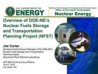 Nuclear Fuels Storage & Transportation Planning Project
Office of Fuel Cycle Technologies
Nuclear Energy
Overview of DOE-NE’s
Nuclear Fuels Storage
and Transportation
Planning Project (NFST)
Joe Carter
Storage Control Account Manager of the DOE-NE’s
Nuclear Fuels Storage and Transportation
Planning Project
(Savannah River National Laboratory)
UFD R&D Working Group Meeting
June 7, 2016
Las Vegas, NV
 