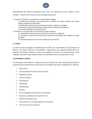   13 
defendiéndola  del  deterioro  progresivo  para  hacer  uso  adecuado  de  ella  y  alabar  al  Dios 
Creador”  y asume como línea de acción los siguientes puntos: 
1.‐ Impulsar y fomentar una educación y espiritualidad ecológica 
1.1  Elaborando  catequesis  que  promuevan  el  cuidado  del  medio  ambiente  de  manera 
integral, progresiva y sistemática. 
1.2 Realizando campañas de concientización sobre el deterioro ecológico. 
1.3 Creando programas ambientales (reforestación, limpieza del ambiente). 
1.4 Formando equipos de protección civil. 
2. Promover un uso adecuado y consciente del medio ambiente 
2.1. Impulsando proyectos para la utilización de productos orgánicos 
2.2. Creando un organismo diocesano que coordine las actividades del cuidado del medio 
ambiente 
2.3. Aprovechando para este fin los medios de comunicación. 
 
2.2 Visión 
La visión de esta estrategia de sensibilización concibe a las comunidades de cada Diócesis de 
México,  con  bajos  niveles  de  vulnerabilidad  y  organizadas,  que  superan  positivamente  los 
Impactos  del  Cambio  Climático  y  crean  comunidades  en  procesos  de  transformación  social, 
integral y sostenible, cuyas familias mejoran considerablemente sus condiciones de vida. 
2.3 Principios y valores 
La estrategia se desarrollará con algunos principios y valores los cuales serán aplicados durante 
el proceso de la transformación social de las comunidades, parroquias, Arquidiócesis y Diócesis. 
 Bien común 
 Universalidad de los bienes de la creación 
 Dignidad Humana 
 Justicia Climática 
 Participación 
 Solidaridad 
 Subsidiaridad 
 Equidad 
 El uso inteligente de los bienes de la Creación 
 Respeto y cuidado por la Creación Divina 
 Reflexión Cristiana y Ética 
 Personas libres y corresponsables con el Creador 
 Convivencia con la naturaleza  
 