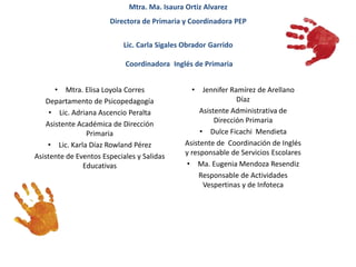 Mtra. Ma. Isaura Ortiz Alvarez 
Directora de Primaria y Coordinadora PEP 
Lic. Carla Sigales Obrador Garrido 
Coordinadora Inglés de Primaria 
• Mtra. Elisa Loyola Corres 
Departamento de Psicopedagogía 
• Lic. Adriana Ascencio Peralta 
Asistente Académica de Dirección 
Primaria 
• Lic. Karla Díaz Rowland Pérez 
Asistente de Eventos Especiales y Salidas 
Educativas 
• Jennifer Ramírez de Arellano 
Díaz 
Asistente Administrativa de 
Dirección Primaria 
• Dulce Ficachi Mendieta 
Asistente de Coordinación de Inglés 
y responsable de Servicios Escolares 
• Ma. Eugenia Mendoza Resendiz 
Responsable de Actividades 
Vespertinas y de Infoteca 
 
