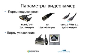 Параметры видеокамер
• Порты подключения
HDMI / DVI
До 15 метров
SDI
До 100 метров
USB 2.0 / USB 3.0
До 3-5 метров
• Порты управления
 