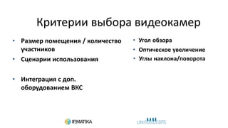Критерии выбора видеокамер
• Размер помещения / количество
участников
• Сценарии использования
• Интеграция с доп.
оборудованием ВКС
• Угол обзора
• Оптическое увеличение
• Углы наклона/поворота
 