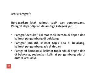 Jenis Paragraf :
Berdasarkan letak kalimat topik dan pengembang,
Paragraf dapat dipilah dalam tiga kategori yaitu :
• Paragraf deduktif, kalimat topik berada di depan dan
kalimat pengembang di belakangkalimat pengembang di belakang
• Paragraf induktif, kalimat topik ada di belakang,
kalimat pengembang ada di depan.
• Paragaraf kombinasi, kalimat topik ada di depan dan
di belakang, sedangkan kalimat pengembang ada di
antara keduanya.
23
 