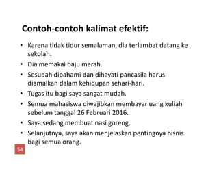 Contoh-contoh kalimat efektif:
• Karena tidak tidur semalaman, dia terlambat datang ke
sekolah.
• Dia memakai baju merah.
• Sesudah dipahami dan dihayati pancasila harus
diamalkan dalam kehidupan sehari-hari.diamalkan dalam kehidupan sehari-hari.
• Tugas itu bagi saya sangat mudah.
• Semua mahasiswa diwajibkan membayar uang kuliah
sebelum tanggal 26 Februari 2016.
• Saya sedang membuat nasi goreng.
• Selanjutnya, saya akan menjelaskan pentingnya bisnis
bagi semua orang.
54
 