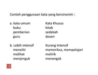 Contoh penggunaan kata yang bersinonim :
a. kata umum Kata Khusus
buku kitab
pemberian sedekah
guru dosenguru dosen
b. Lebih intensif Kurang Intensif
meneliti memeriksa, mempelajari
melihat melirik
menjenguk menengok
9
 