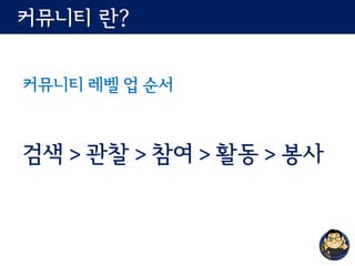 커뮤니티 란?
커뮤니티 레벨 업 순서
검색 > 관찰 > 참여 > 활동 > 봉사
 