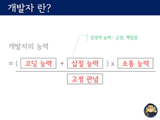 개발자 란?
개발자의 능력
= ( + ) x코딩 능력 삽질 능력 소통 능력
고정 관념
감성적 능력 : 근성, 책임감
 
