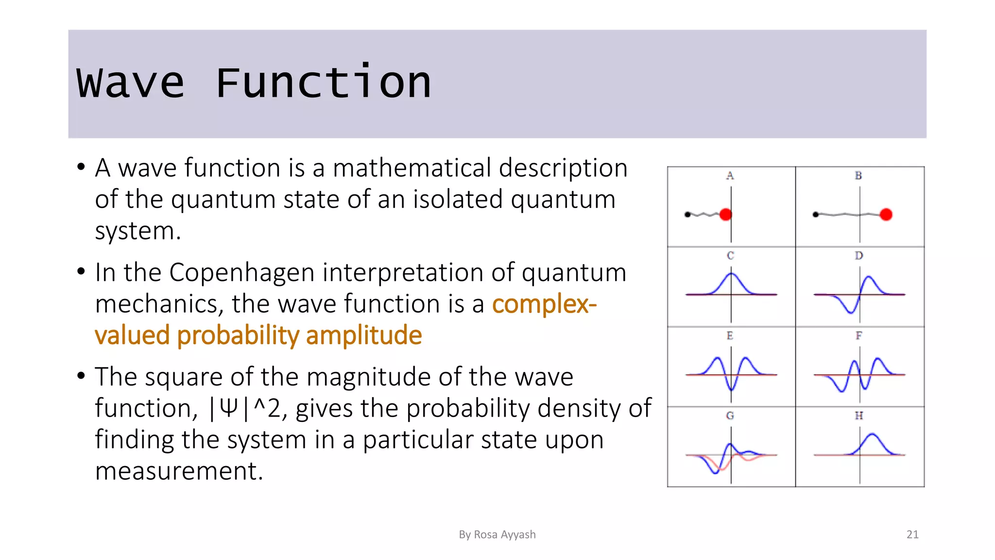 Wave Function
• A wave function is a mathematical description
of the quantum state of an isolated quantum
system.
• In the Copenhagen interpretation of quantum
mechanics, the wave function is a complex-
valued probability amplitude
• The square of the magnitude of the wave
function, |Ψ|^2, gives the probability density of
finding the system in a particular state upon
measurement.
By Rosa Ayyash 21
 