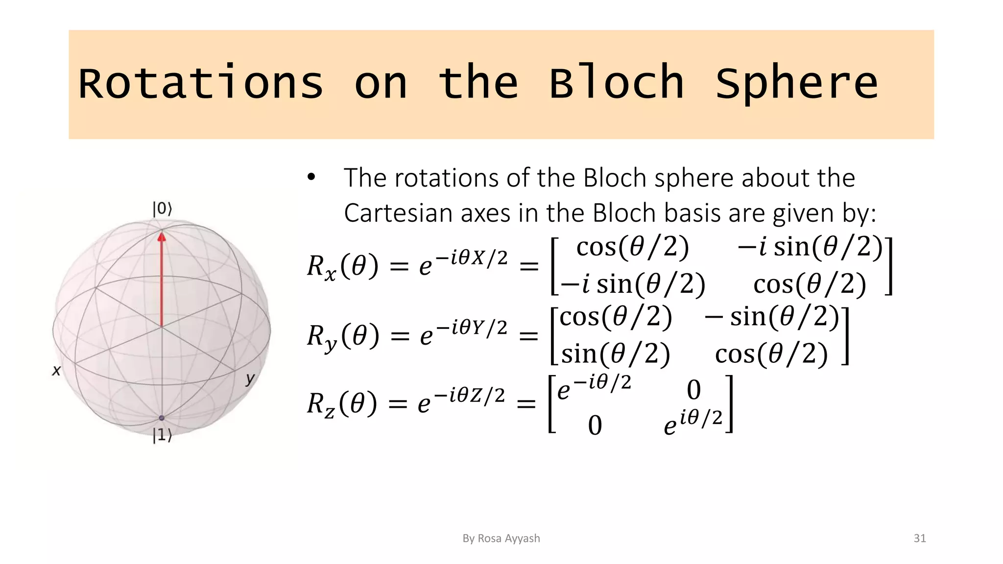 Rotations on the Bloch Sphere
• The rotations of the Bloch sphere about the
Cartesian axes in the Bloch basis are given by:
𝑅𝑥 𝜃 = 𝑒−𝑖𝜃𝑋/2 =
cos(𝜃 2) −𝑖 sin(𝜃 2)
−𝑖 sin(𝜃 2) cos(𝜃 2)
𝑅𝑦 𝜃 = 𝑒−𝑖𝜃𝑌/2 =
cos(𝜃 2) − sin(𝜃 2)
sin(𝜃 2) cos(𝜃 2)
𝑅𝑧 𝜃 = 𝑒−𝑖𝜃𝑍/2 = 𝑒−𝑖𝜃/2 0
0 𝑒𝑖𝜃/2
By Rosa Ayyash 31
 