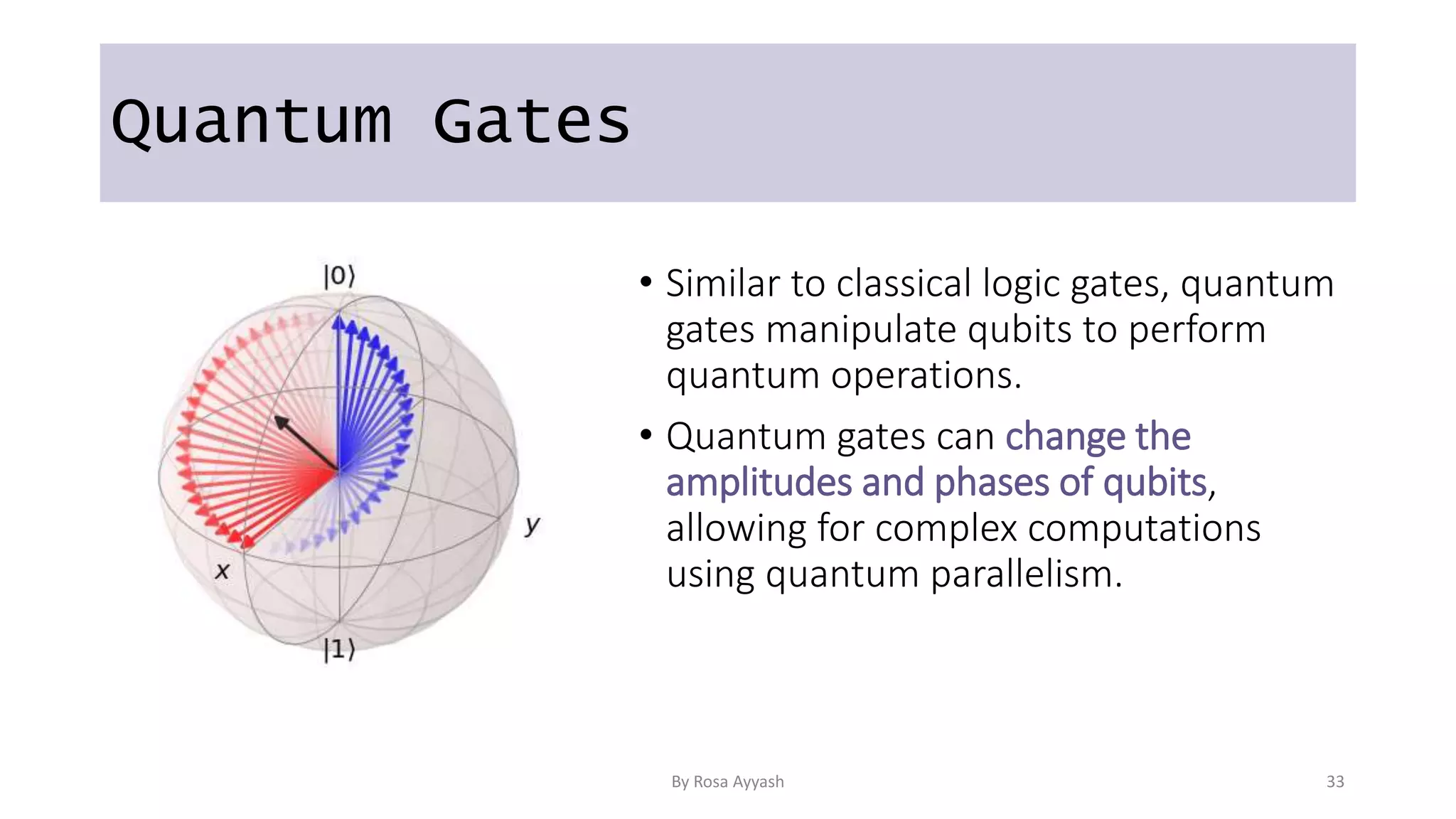 Quantum Gates
• Similar to classical logic gates, quantum
gates manipulate qubits to perform
quantum operations.
• Quantum gates can change the
amplitudes and phases of qubits,
allowing for complex computations
using quantum parallelism.
By Rosa Ayyash 33
 