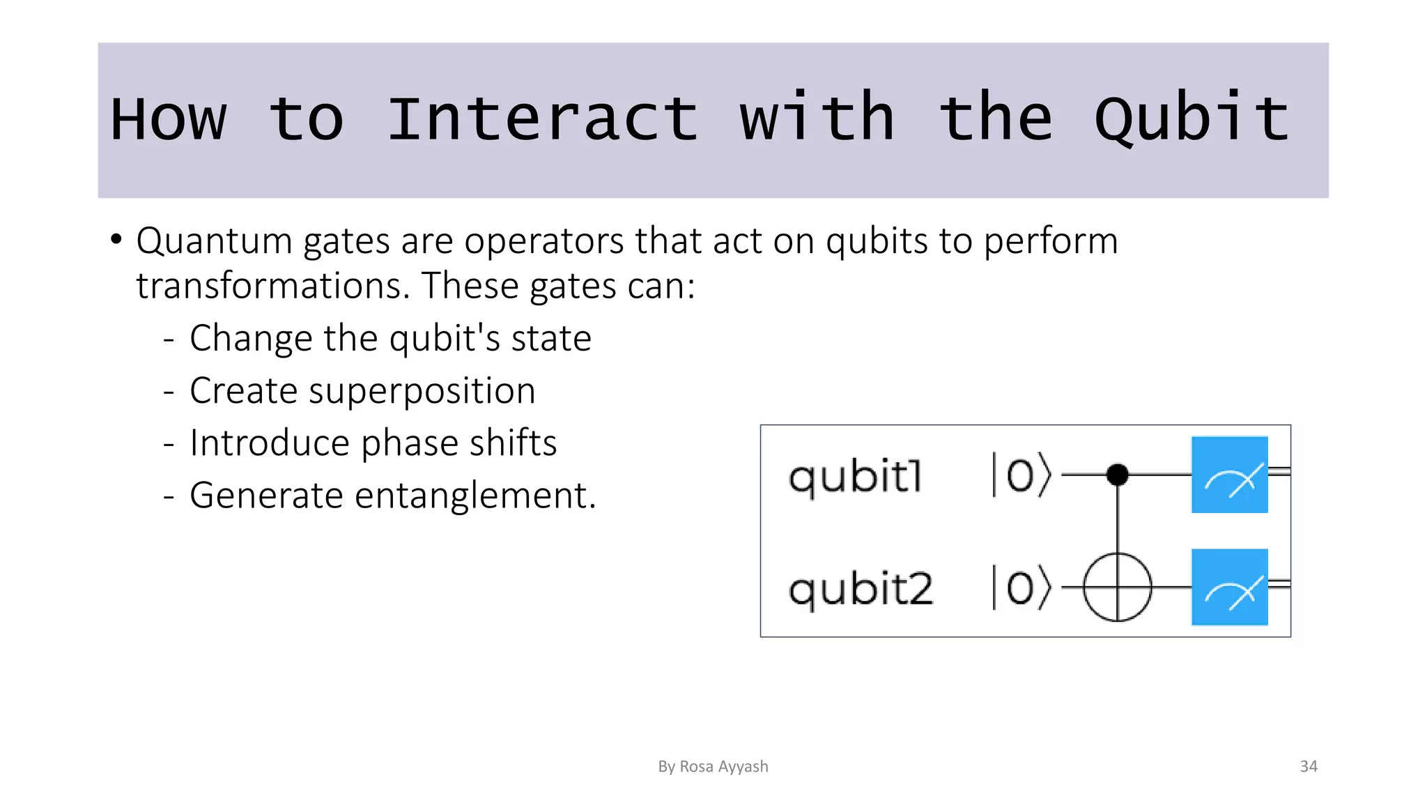 How to Interact with the Qubit
• Quantum gates are operators that act on qubits to perform
transformations. These gates can:
- Change the qubit's state
- Create superposition
- Introduce phase shifts
- Generate entanglement.
By Rosa Ayyash 34
 