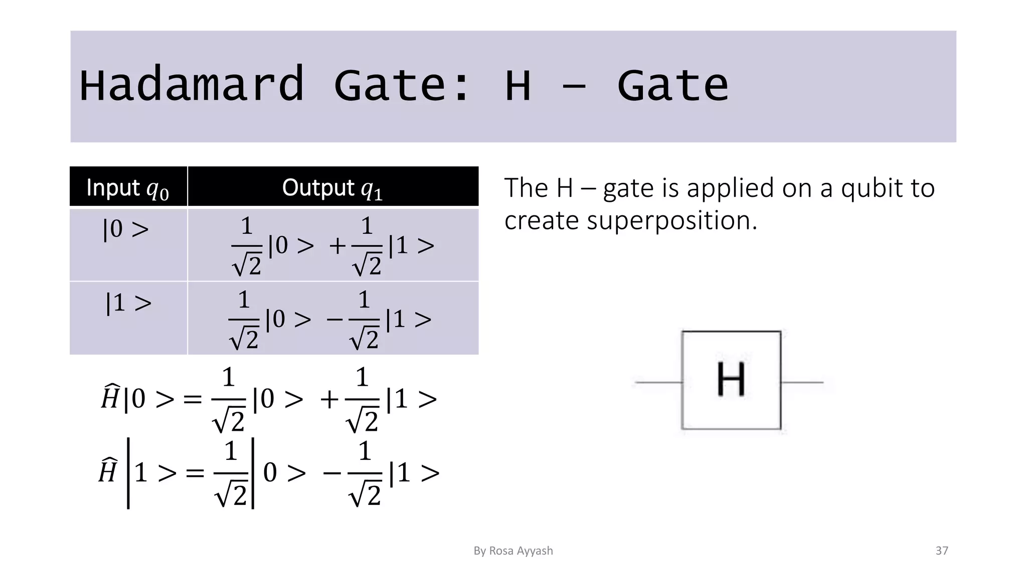 Hadamard Gate: H – Gate
The H – gate is applied on a qubit to
create superposition.
𝐻|0 > =
1
2
|0 > +
1
2
|1 >
𝐻 1 > =
1
2
0 > −
1
2
|1 >
Input 𝑞0 Output 𝑞1
|0 > 1
2
|0 > +
1
2
|1 >
|1 > 1
2
|0 > −
1
2
|1 >
By Rosa Ayyash 37
 