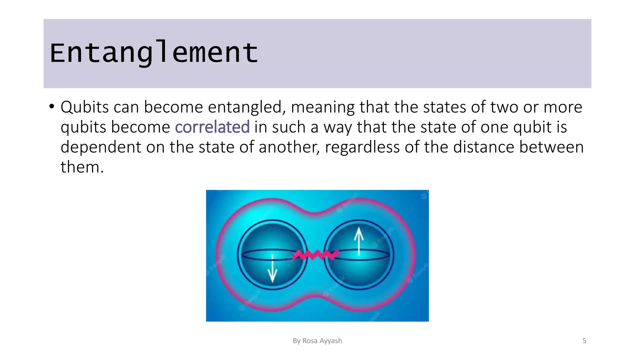Entanglement
• Qubits can become entangled, meaning that the states of two or more
qubits become correlated in such a way that the state of one qubit is
dependent on the state of another, regardless of the distance between
them.
By Rosa Ayyash 5
 