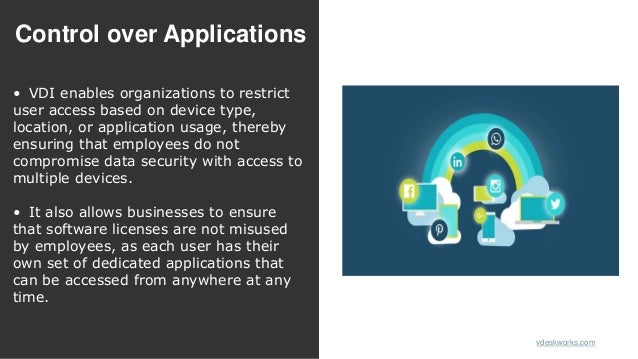 Control over Applications
vdeskworks.com
• VDI enables organizations to restrict
user access based on device type,
location, or application usage, thereby
ensuring that employees do not
compromise data security with access to
multiple devices.
• It also allows businesses to ensure
that software licenses are not misused
by employees, as each user has their
own set of dedicated applications that
can be accessed from anywhere at any
time.
 