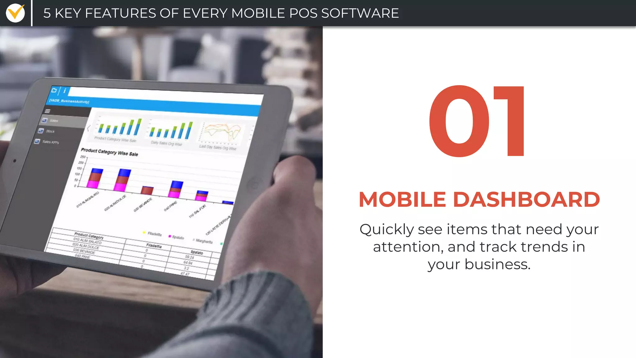 5 KEY FEATURES OF EVERY MOBILE POS SOFTWARE
Quickly see items that need your
attention, and track trends in
your business.
MOBILE DASHBOARD
01