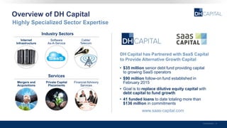 Overview of DH Capital
Highly Specialized Sector Expertise
Confidential | 4
www.saas-capital.com
Services
Mergers and
Acquisitions
Private Capital
Placements
Financial Advisory
Services
Industry Sectors
Internet
Infrastructure
Cable/
Telecom
Software
As-A-Service
DH Capital has Partnered with SaaS Capital
to Provide Alternative Growth Capital
• $35 million senior debt fund providing capital
to growing SaaS operators
• $90 million follow-on fund established in
February 2015
• Goal is to replace dilutive equity capital with
debt capital to fund growth
• 41 funded loans to date totaling more than
$136 million in commitments
 