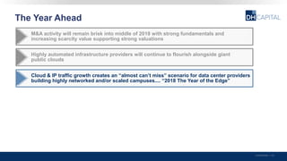 Cloud & IP traffic growth creates an “almost can’t miss” scenario for data center providers
building highly networked and/or scaled campuses.... “2018 The Year of the Edge”
The Year Ahead
Confidential | 42
Highly automated infrastructure providers will continue to flourish alongside giant
public clouds
M&A activity will remain brisk into middle of 2018 with strong fundamentals and
increasing scarcity value supporting strong valuations
 
