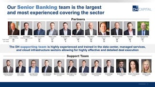 Our Senior Banking team is the largest
and most experienced covering the sector
Confidential | 6
Partners
Support Team
Total Years
DH Years
Dean Mann
Partner
Doug Webster
Partner
Townsend Devereux
Partner
24 30
Joe Duggan
Chairman & Co-Founder
Herb May
Partner
30
Marty Friedman
Partner
24 34
Peter Hopper
CEO & Co-Founder
Mark Thorsheim
Partner
Adam Lewis
Partner
29 26 17 29 29
Howard Loewenberg
Partner
16 217 14 1417 16 10 4 4
23
Paul Vasilopoulos
Partner
1
Brent Mayo
Associate
Matt DiFrancesco
Associate
Noah Hirshman
Associate
Nick Cipiti
Vice President
Brian Browne
Analyst
Chad Berger
Analyst
Andrew Kaskel
Vice President
Igor Skochilo
Vice President
John Barkeley
Vice President
Remington Yee
Associate
Briana Thompson
Analyst
Emily Coutts
Analyst
The DH supporting team is highly experienced and trained in the data center, managed services,
and cloud infrastructure sectors allowing for highly effective and detailed deal execution
 