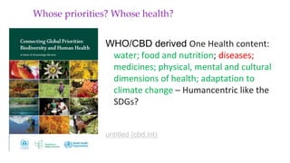 Whose priorities? Whose health?
WHO/CBD derived One Health content:
water; food and nutrition; diseases;
medicines; physic...