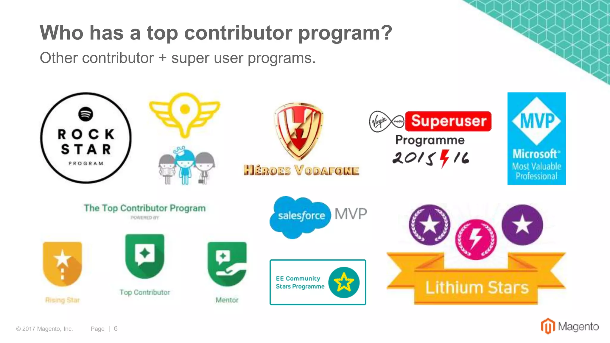 Page | 6© 2017 Magento, Inc.
Other contributor + super user programs.
Who has a top contributor program?
 