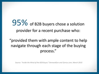 95% of B2B buyers chose a solution
    provider for a recent purchase who:

“provided them with ample content to help
 navigate through each stage of the buying
                 process.”

   Source: “Inside the Mind of the B2B Buyer,” DemandGen and Genius.com, March 2010


                                                                                      7
 