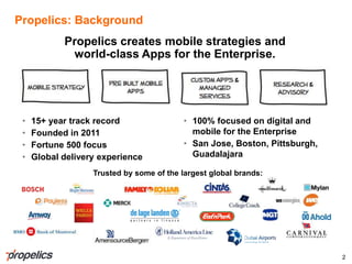 Propelics creates mobile strategies and
world-class Apps for the Enterprise.
Propelics: Background
• 15+ year track record
• Founded in 2011
• Fortune 500 focus
• Global delivery experience
Trusted by some of the largest global brands:
• 100% focused on digital and
mobile for the Enterprise
• San Jose, Boston, Pittsburgh,
Guadalajara
2
 