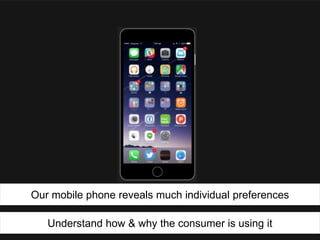 Our mobile phone reveals much individual preferences
Understand how & why the consumer is using it
 