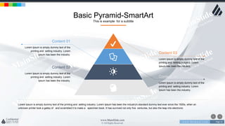 w w w . D o m a i n . c o m Page 23
www.MainSlide.com
© All Rights Reserved.
Confidential
Basic Pyramid-SmartArt
This is example for a subtitle
Lorem Ipsum is simply dummy text of the printing and setting industry. Lorem Ipsum has been the industry's standard dummy text ever since the 1500s, when an
unknown printer took a galley of and scrambled it to make a specimen book. It has survived not only five centuries, but also the leap into electronic
Lorem Ipsum is simply dummy text of the
printing and setting industry. Lorem
Ipsum has been the industry.
Content 01
Lorem Ipsum is simply dummy text of the
printing and setting industry. Lorem
Ipsum has been the industry.
Content 02
Lorem Ipsum is simply dummy text of the
printing and setting industry. Lorem
Ipsum has been the industry.
Content 03
Lorem Ipsum is simply dummy text of the
printing and setting industry. Lorem
Ipsum has been the industry.
Content 04
 