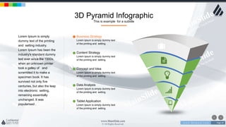 w w w . D o m a i n . c o m Page 29
www.MainSlide.com
© All Rights Reserved.
Confidential
3D Pyramid Infographic
This is example for a subtitle
Lorem Ipsum is simply
dummy text of the printing
and setting industry.
Lorem Ipsum has been the
industry's standard dummy
text ever since the 1500s,
when an unknown printer
took a galley of and
scrambled it to make a
specimen book. It has
survived not only five
centuries, but also the leap
into electronic setting,
remaining essentially
unchanged. It was
popularised .
Business Strategy
Lorem Ipsum is simply dummy text
of the printing and setting.
Content Strategy
Lorem Ipsum is simply dummy text
of the printing and setting.
Concept and Idea
Lorem Ipsum is simply dummy text
of the printing and setting.
Data Analysis
Lorem Ipsum is simply dummy text
of the printing and setting.
Tablet Application
Lorem Ipsum is simply dummy text
of the printing and setting.
 