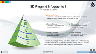 w w w . D o m a i n . c o m Page 31
www.MainSlide.com
© All Rights Reserved.
Confidential
3D Pyramid Infographic 3
This is example for a subtitle
Lorem Ipsum is simply dummy text of the printing and setting industry.
Lorem Ipsum has been the industry's standard dummy text ever since the
1500s, when an unknown printer took a galley of and scrambled.
Business Strategy
Lorem Ipsum is simply dummy text of the printing and setting industry. Lorem Ipsum
has been the industry's standard dummy text ever since the 1500.
Content Strategy
Lorem Ipsum is simply dummy text
of the printing and setting.
Data Analysis
Lorem Ipsum is simply dummy text
of the printing and setting.
Concept and Idea
Lorem Ipsum is simply dummy text
of the printing and setting.
Tablet Application
Lorem Ipsum is simply dummy text
of the printing and setting.
 
