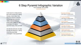w w w . D o m a i n . c o m Page 34
www.MainSlide.com
© All Rights Reserved.
Confidential
6 Step Pyramid Infographic Variation
This is example for a subtitle
Business Strategy
Lorem Ipsum is simply dummy
Content Strategy
Lorem Ipsum is simply dummy
Data Analysis
Lorem Ipsum is simply dummy
Concept and Idea
Lorem Ipsum is simply dummy
Tablet Application
Lorem Ipsum is simply dummy
Desktop Application
Lorem Ipsum is simply dummy
Lorem Ipsum is simply dummy
text of the printing and setting
industry. Lorem Ipsum has
been the industry's standard
dummy text ever since the
1500s, when an unknown
printer took a galley of and
scrambled it to make a
specimen book. It has survived
not only five centuries, but also
the leap into electronic setting,
remaining essentially
unchanged. It was popularised
.
 