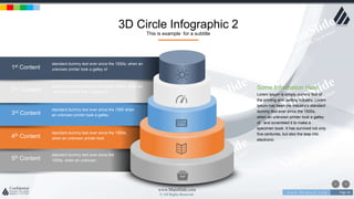 w w w . D o m a i n . c o m Page 44
www.MainSlide.com
© All Rights Reserved.
Confidential
5th Content
standard dummy text ever since the
1500s, when an unknown
4th Content
standard dummy text ever since the 1500s,
when an unknown printer took
3rd Content
standard dummy text ever since the 1500 when
an unknown printer took a galley.
2nd Content
standard dummy text ever since the 1500s, when an
unknown printer took a galley of
1st Content
standard dummy text ever since the 1500s, when an
unknown printer took a galley of
3D Circle Infographic 2
This is example for a subtitle
Some Information Here
Lorem Ipsum is simply dummy text of
the printing and setting industry. Lorem
Ipsum has been the industry's standard
dummy text ever since the 1500s,
when an unknown printer took a galley
of and scrambled it to make a
specimen book. It has survived not only
five centuries, but also the leap into
electronic
 