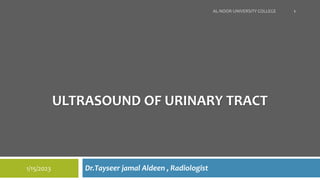 ULTRASOUND OF URINARY TRACT
Dr.Tayseer jamal Aldeen , Radiologist
1/15/2023
AL-NOOR UNIVERSITY COLLEGE 1
 