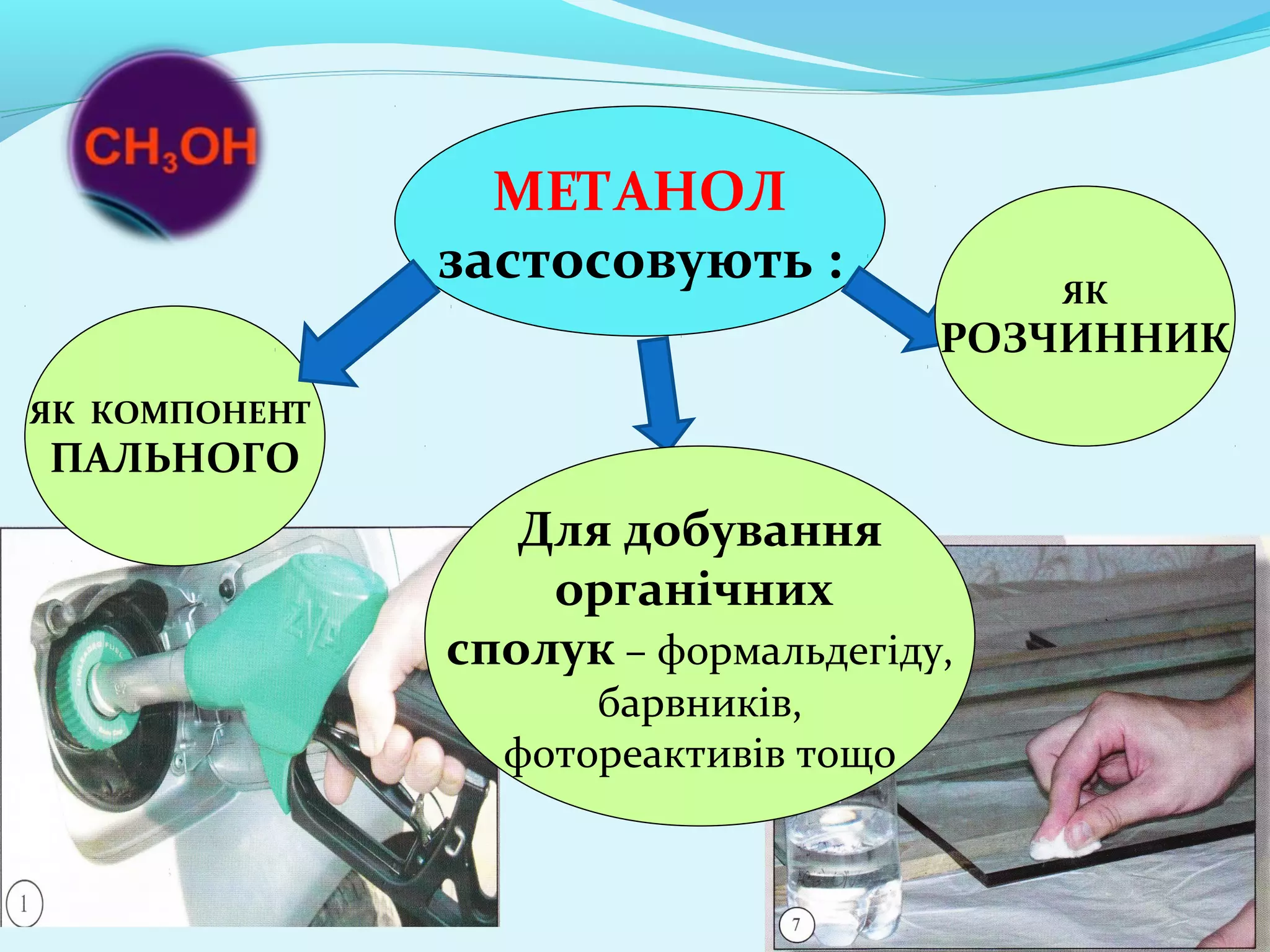 ЯК КОМПОНЕНТ 
ПАЛЬНОГО 
МЕТАНОЛ 
застосовують : ЯК 
РОЗЧИННИК 
Для добування 
органічних 
сполук – формальдегіду, 
барвників, 
фотореактивів тощо 
 