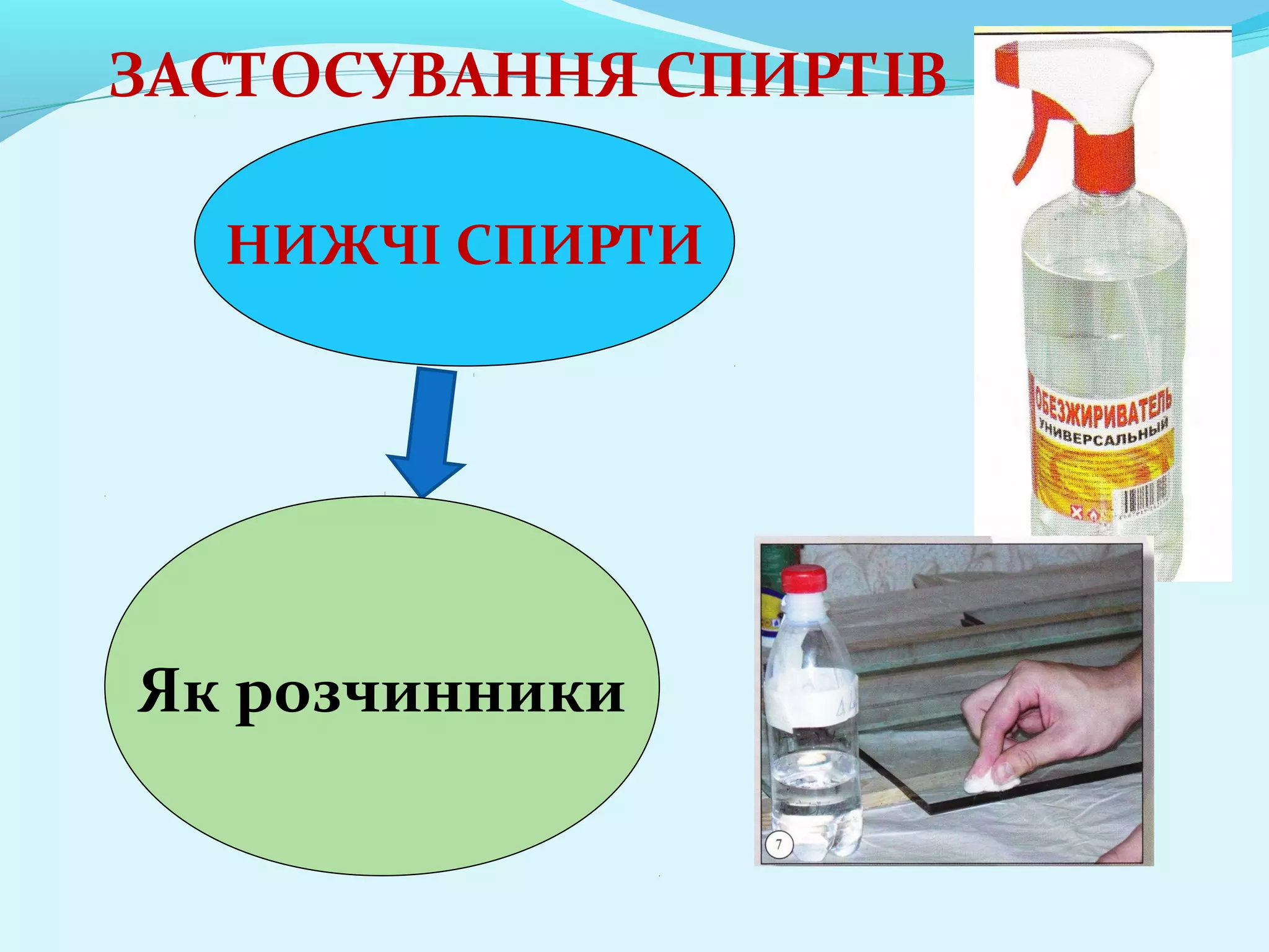 ЗАСТОСУВАННЯ СПИРТІВ 
НИЖЧІ СПИРТИ 
Як розчинники 
 