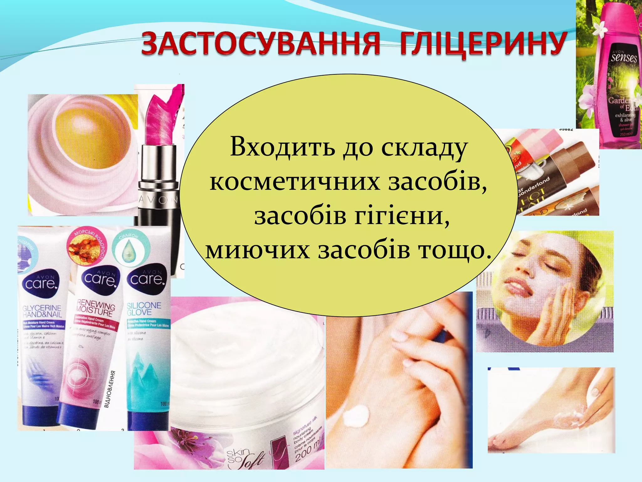 Входить до складу 
косметичних засобів, 
засобів гігієни, 
миючих засобів тощо. 
 